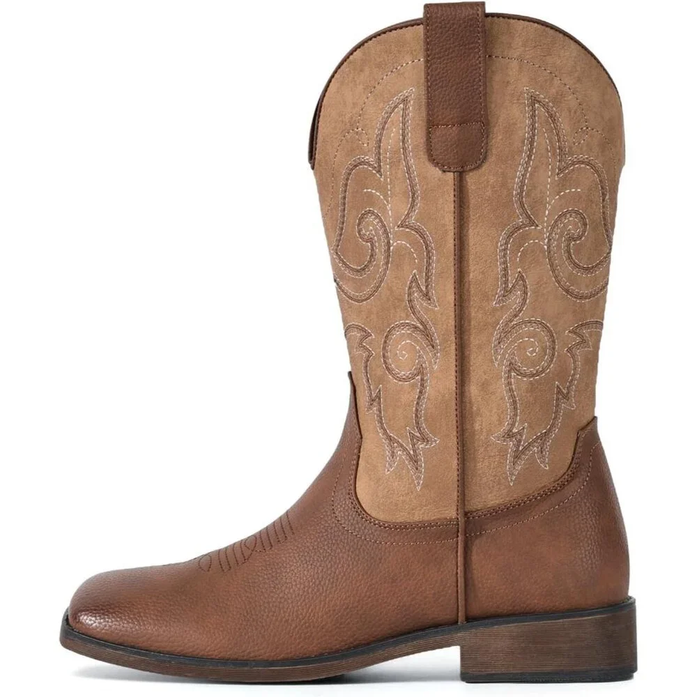Women Saddle Brown Square Toe Western Mid Calf Embroidered Cowgirl Pull On Boots